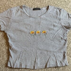 Brandy Melville Blue Striped Tee with Yellow Floral Embroidery